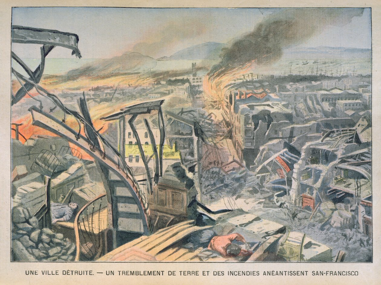 Jordbävning och bränder i San Francisco den 18 april 1906, illustration från Le Petit Parisien 6 maj 1906 av French School