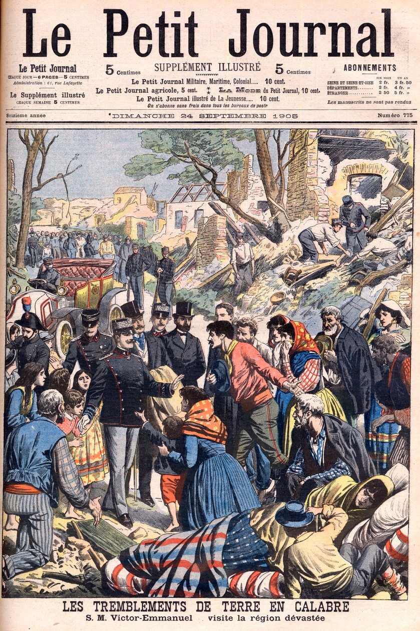 Jordbävning i Kalabrien, Italien. Kung Victor Emmanuel III besöker de ödelagda regionerna. Jordbävningar i Kalabrien. SM Victor-Emmanuel besöker den ödelade regionen. Illustration för Le petit Journal, 24 september 1905. Victor Emmanuel III av Italien (Vit av French School