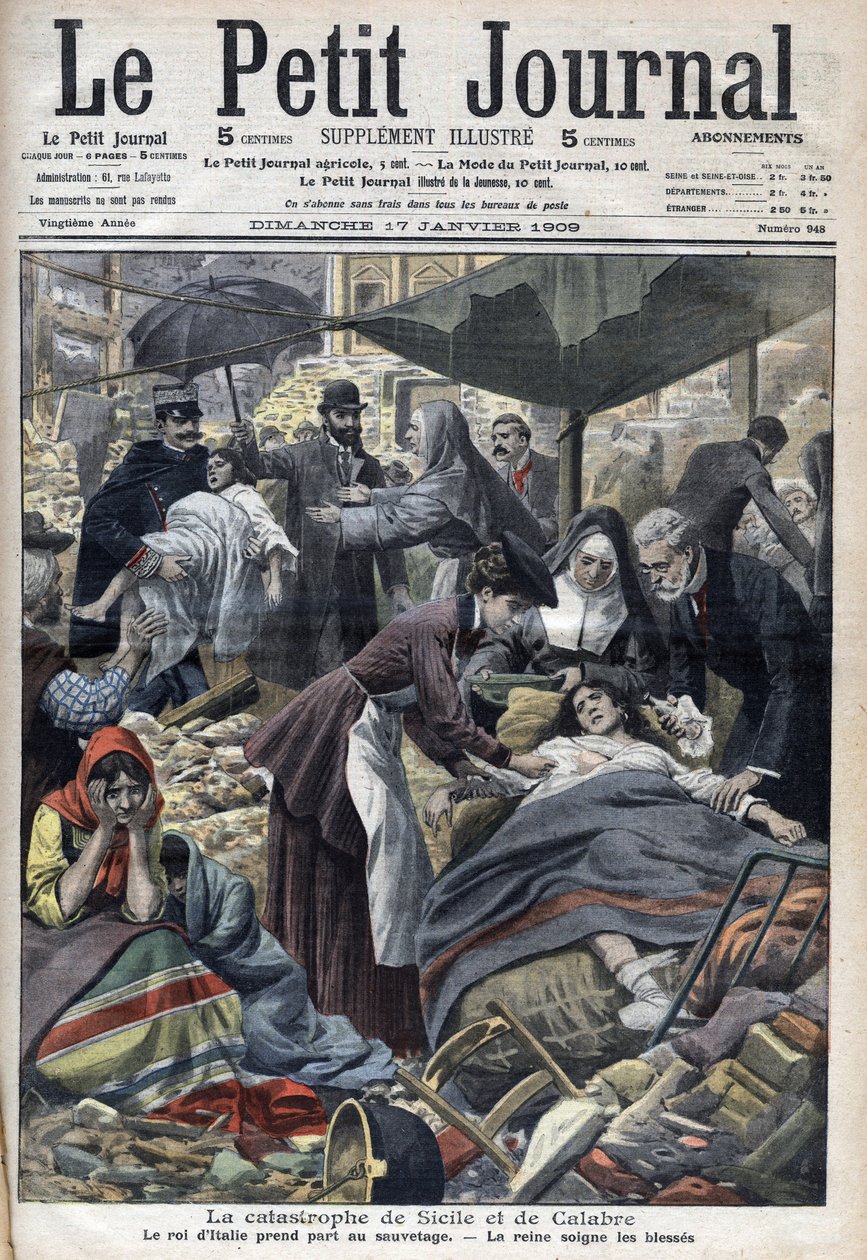 Jordbävning på Sicilien, Kalabrien 1909 "Le Petit Journal" i januari 1909 (gravyr) av French School