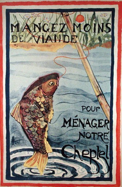 "Ät mindre kött för att skona våra boskap" (färg litho) av French School