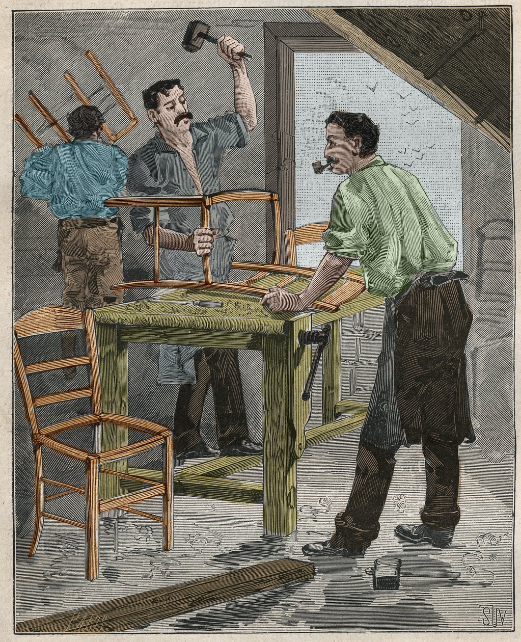 Ebenisterie: montering av stolar på 1800-talet i Frankrike. Gravyr från 1885 i "" Les arts et metiers illustres"" av Adolphe BITARD. av French School