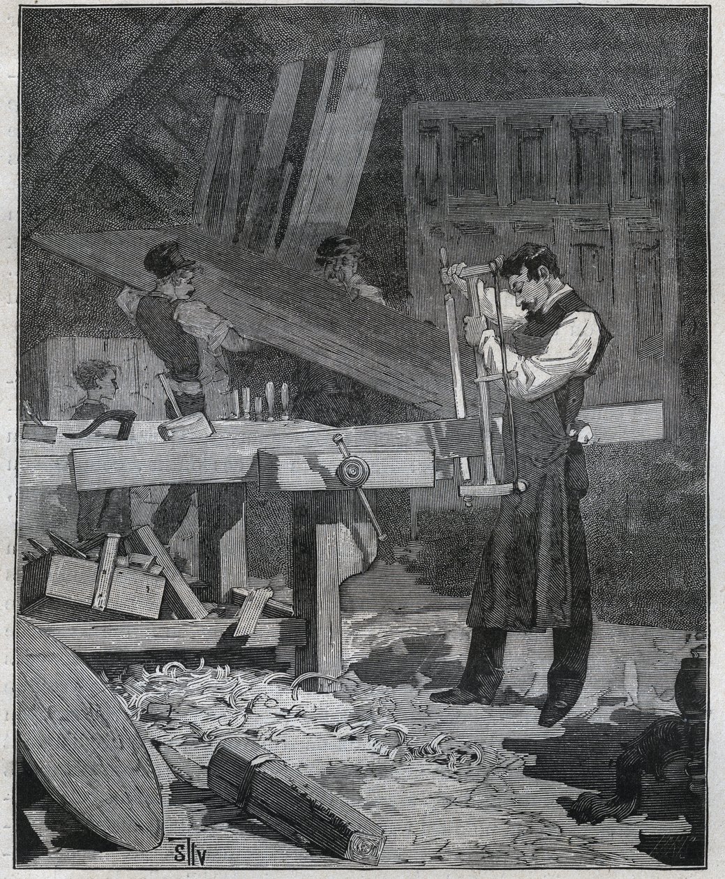 Ebenisterie: ebenist arbetare dela en styrelse på den etablerade. Gravyr från 1885 i "" Les arts et metiers illustres"" av Adolphe BITARD. av French School