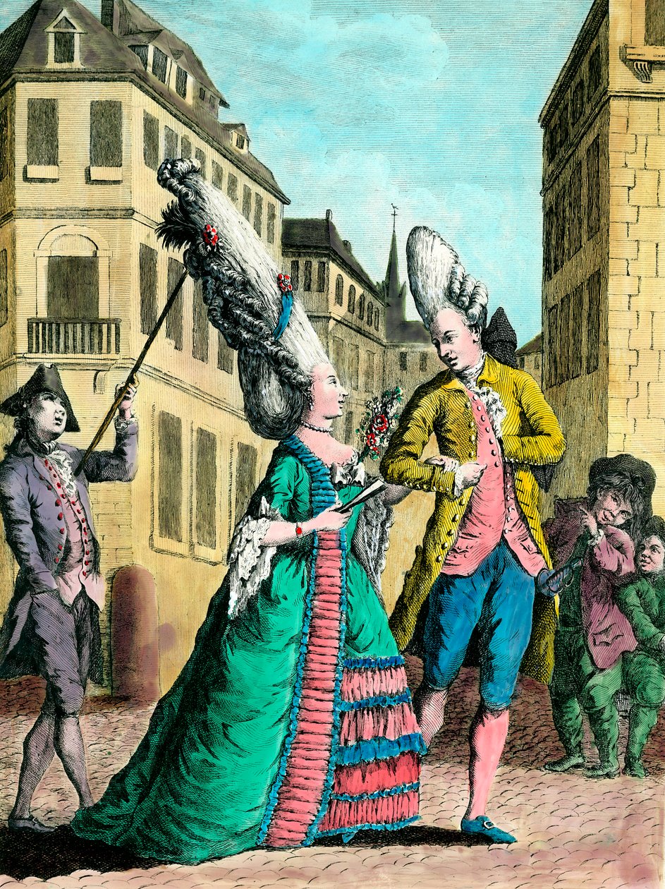 Excentriska frisyrer på 1700-talet: den franska kvinnan på promenad. Gravyr av 1700-talet. Privat samling. av French School