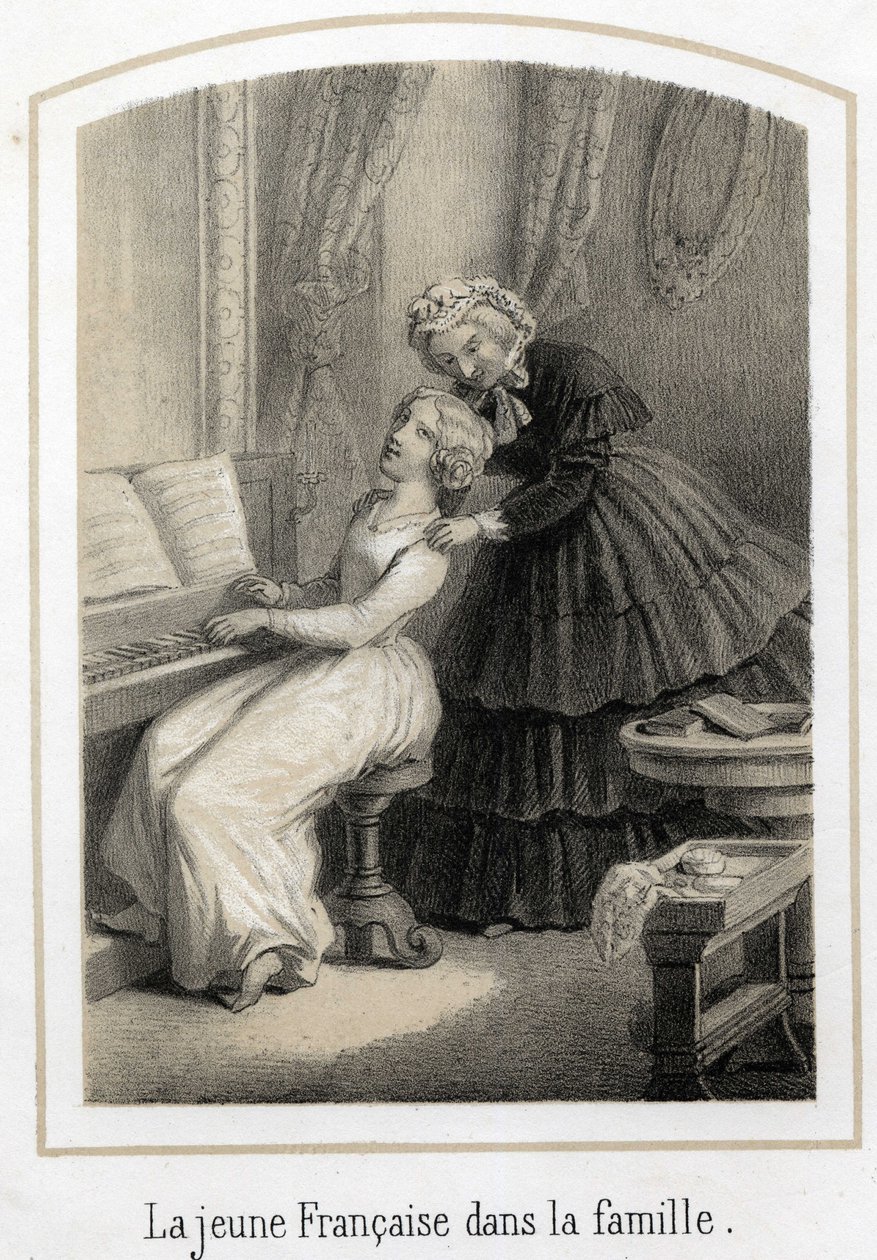 Utbildning för unga flickor i goda familjer: en ung fransk kvinna som sitter på pianot tas över av sin hushållerska. Anonym gravyr från 1800-talet av French School