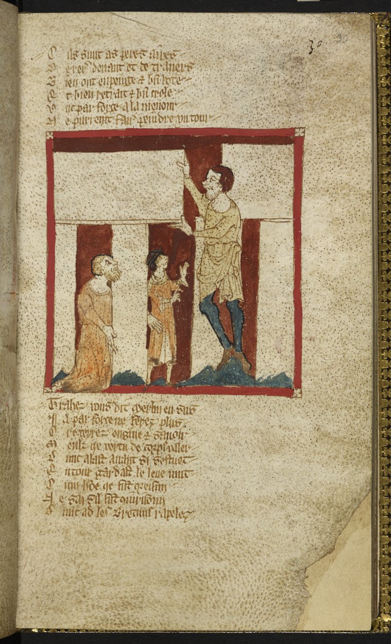 Egerton MS 3028 f.30r, Stonehenge är byggd, med Merlins hjälp, från 