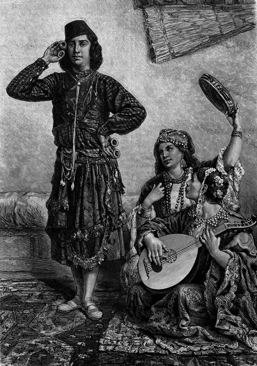 Egyptiska musiker och dansare. Man håller cymbaler mellan fingrarna. Gravyr i "" Le Journal de la jeunesse"" av French School