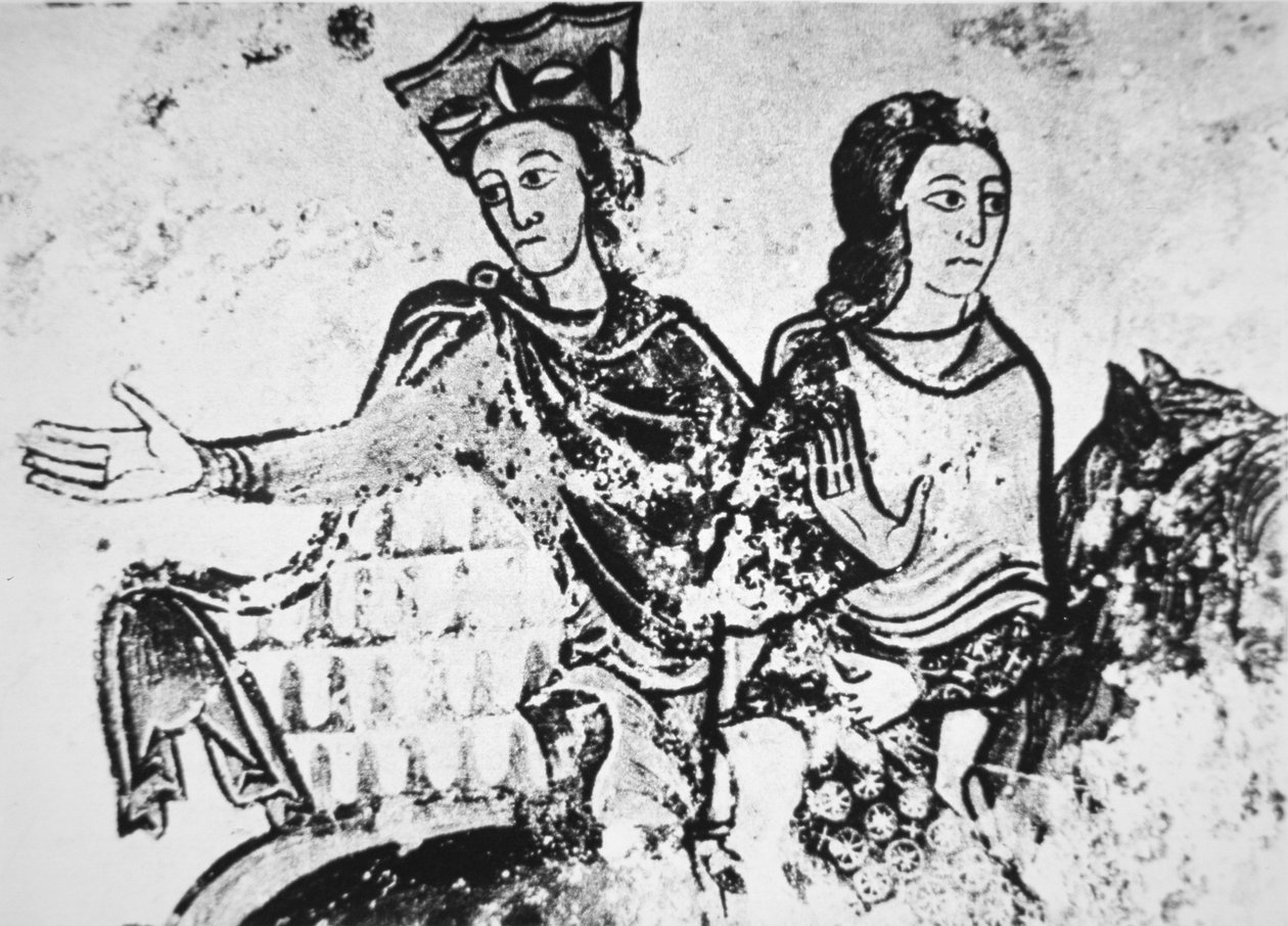 Eleanor av Aquitaine med en ridkamrat (väggmålning) av French School