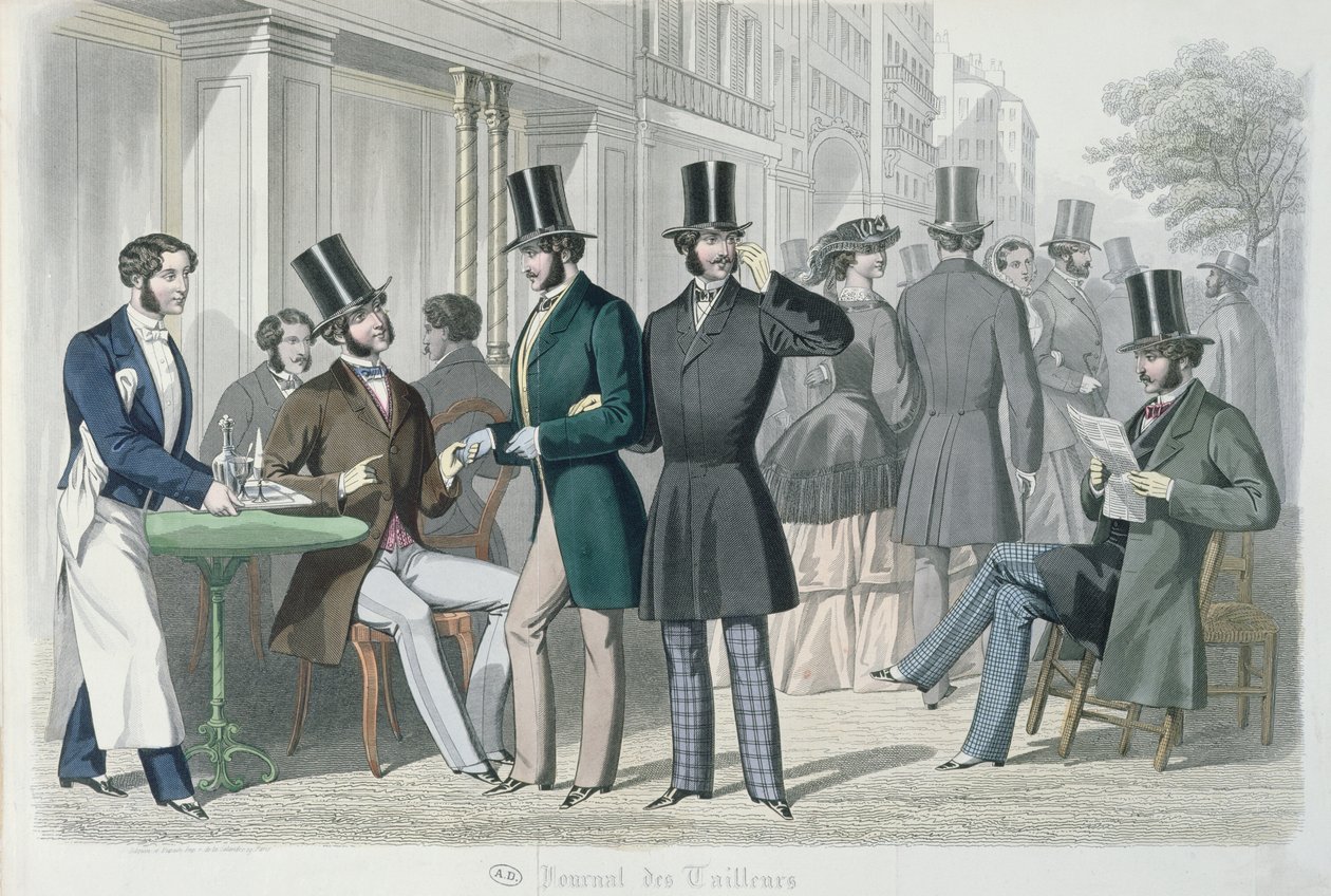 Eleganta unga män på terrassen till ett café, 1857 (färggravyr) av French School