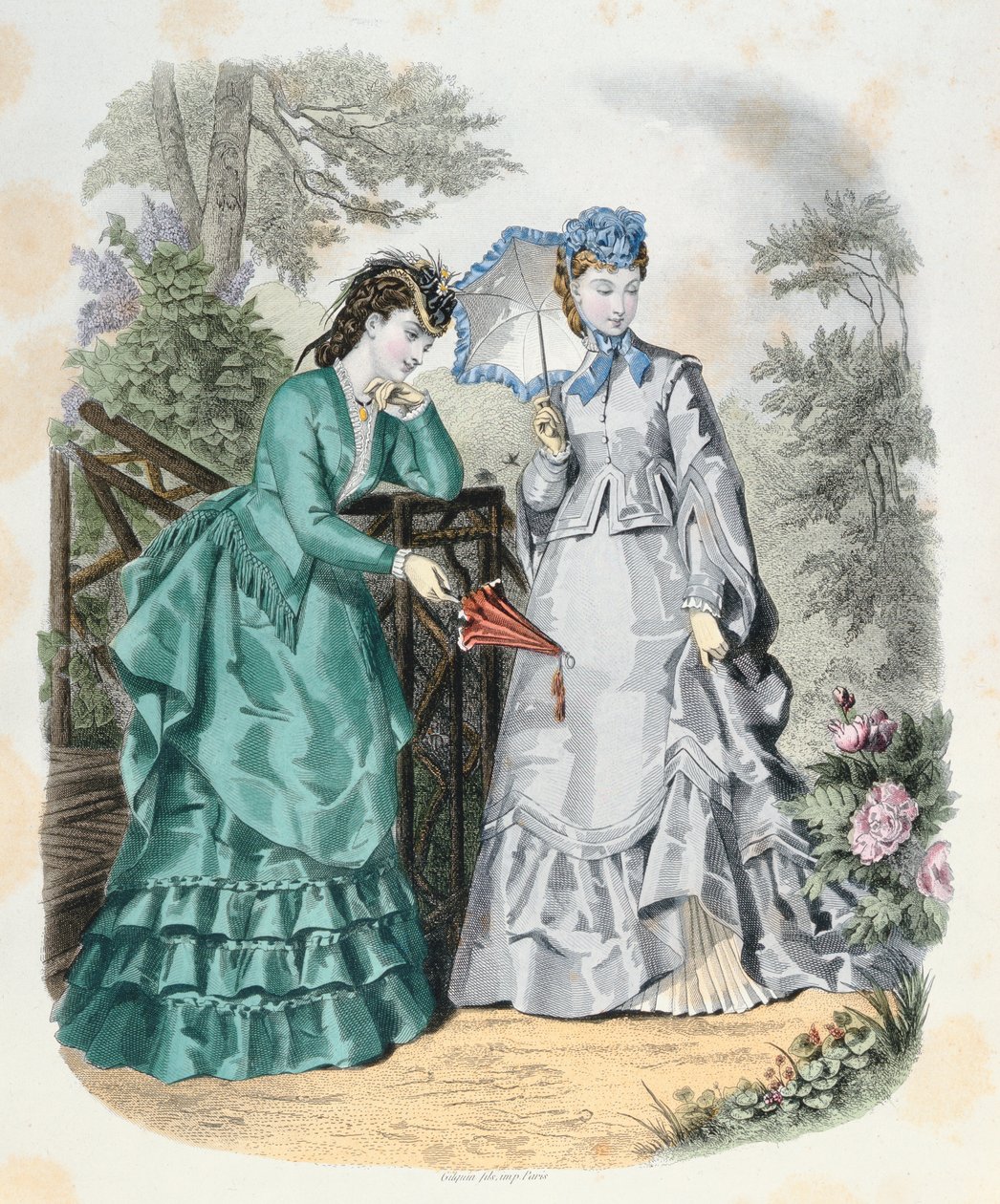 Eleganta kvinnor i en trädgård, från La Mode Illustrée, 1871 av French School