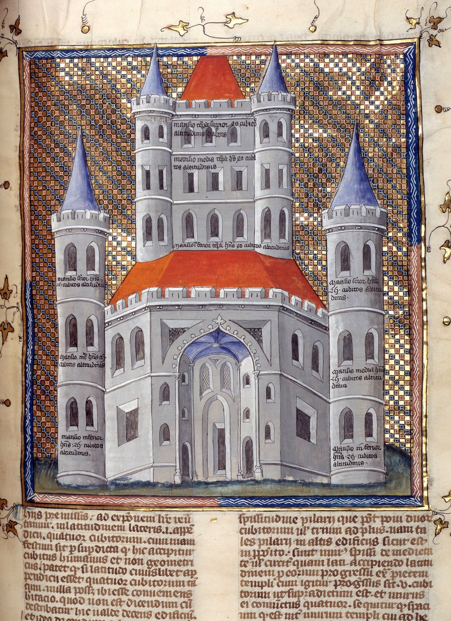 Förhöjning av fasaden på Salomos tempel i Jerusalem Miniatyr ur "Kommentarer till Bibeln" av Nicholas av Lyra (1200-talet) 1300-tal Cambrai, stadsbibliotek av French School
