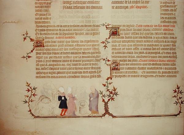 Eliezer presenterar Rebecka för Isak, från "Jean de Sys bibel", ca 1355 (pergament) av French School
