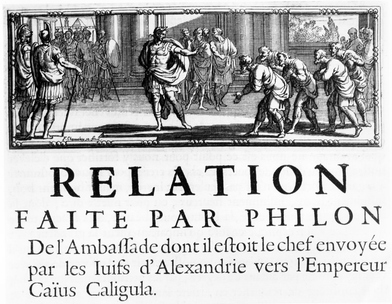 Filos ambassad till romerske kejsaren Gaius Caligula, kapitelrubrik illustration från historien om judarnas krig mot romarna, av Flavius ​​​​Josephus, publicerad i Paris, 1688 av French School
