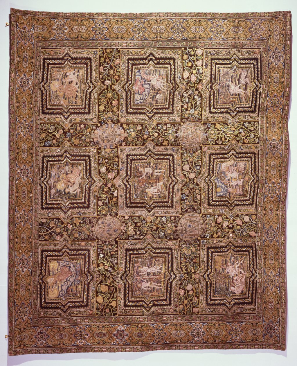 Broderad bordsmatta med bibliska scener, ca 1600 (ull och siden på linneduk) av French School