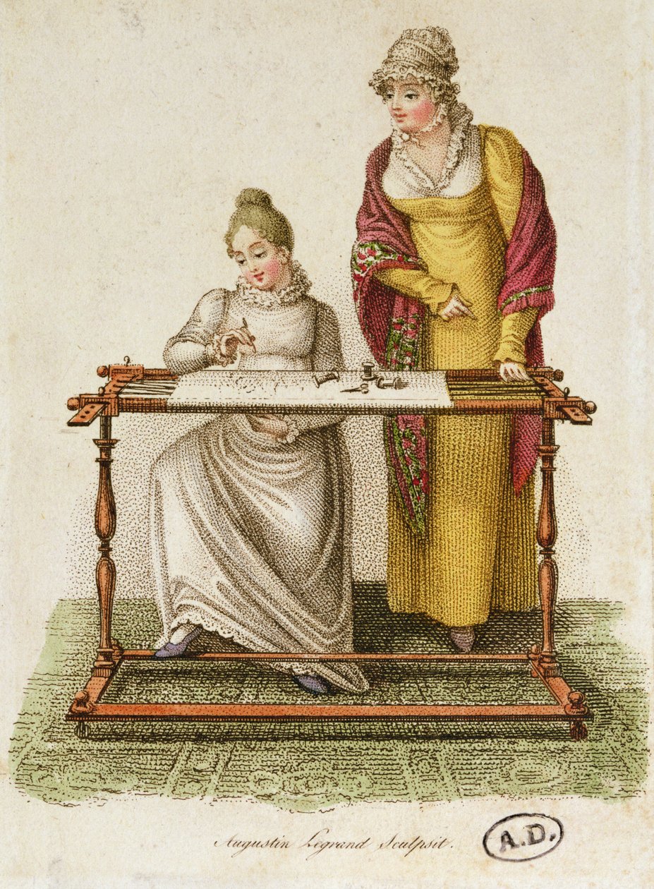 Broderi, ca 1810-20 (färgad gravyr) av French School