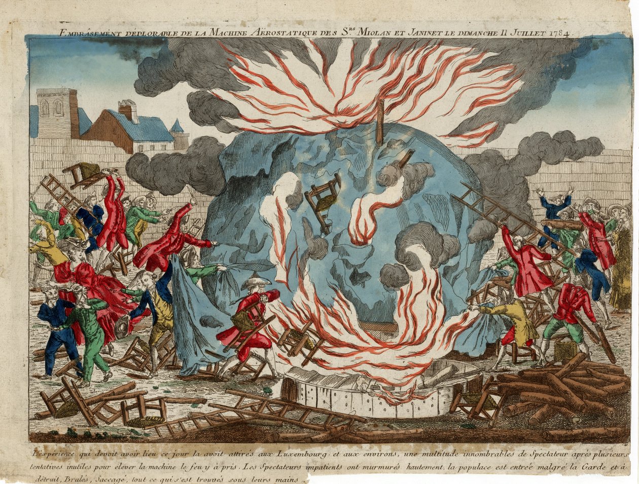 Beklagligt eldsvåda av den aerostatiska maskinen hos Srs. Miollan och Janinet söndagen den 11 juli 1784. pub. 1784 (handfärgad gravyr) av French School