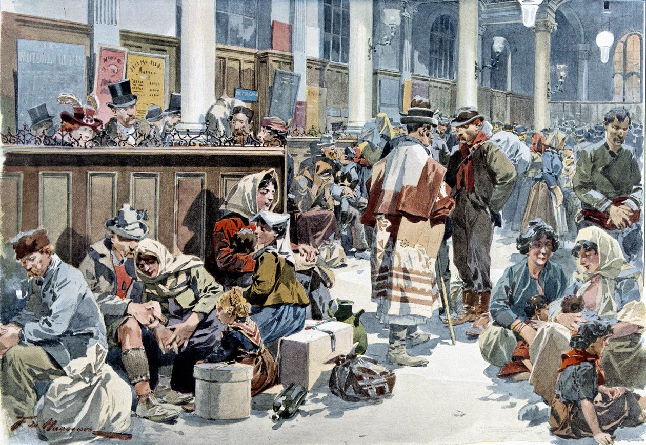 Emigranter som passerar tågstationen St Lazare (Saint Lazare) (Saint Lazare) i Paris, på väg till Amerika, sent 1800-tal av French School