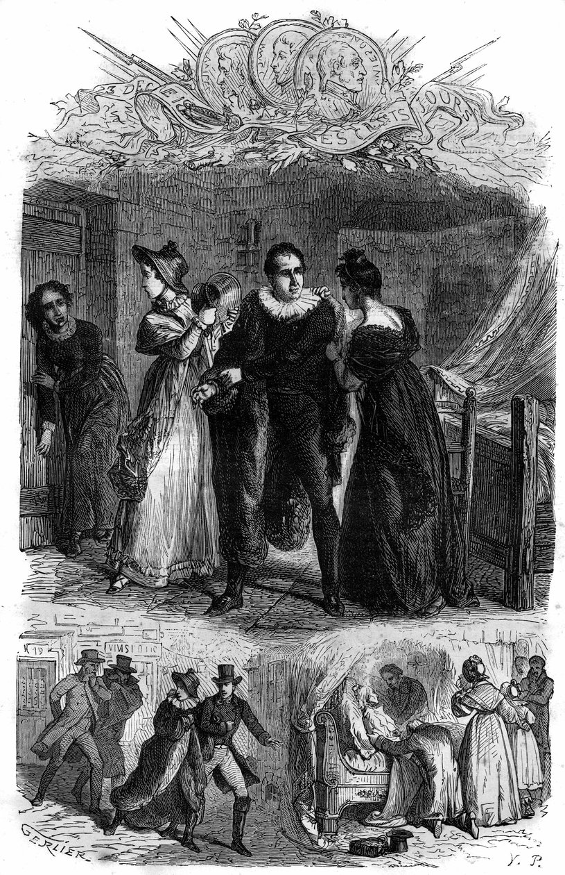Emilie de Lavalette, känd som Madame de la Valletta, lät sin man Antoine Marie Chamans, greve av Lavalette (1769-1830, chef för postkontoret) fly från Conciergen under revolutionen. Gravyr i "Histoire des Papes-Kings-Queen and Emperor av French School