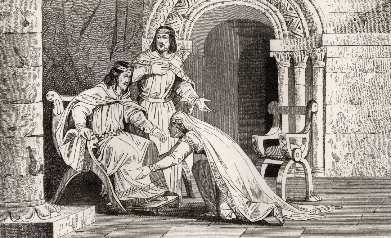 Emme kysser sin make Raoul (d.936) på knä för att erkänna hans suveränitet, ur "Histoire de France" av Colart, publicerad omkring 1840. av French School