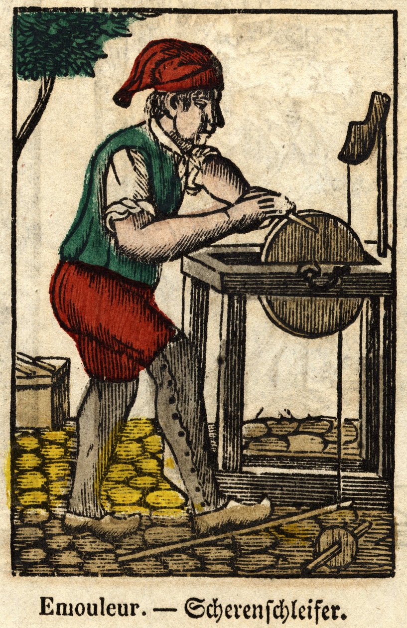 Emouleur (består av att skärpa föremål med slipskivan); Serie om hantverk, bild av Epinal från 1800-talet. av French School
