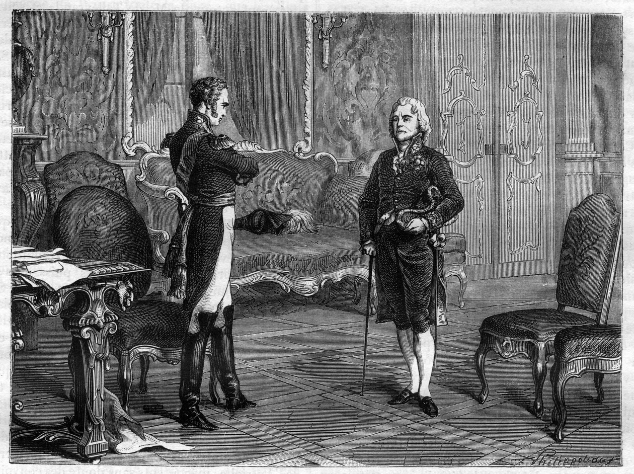 Kejsar Alexander I av Ryssland (1777-1825) (Alexandre) med Charles Maurice de Talleyrand Perigord (1754-1838) av French School