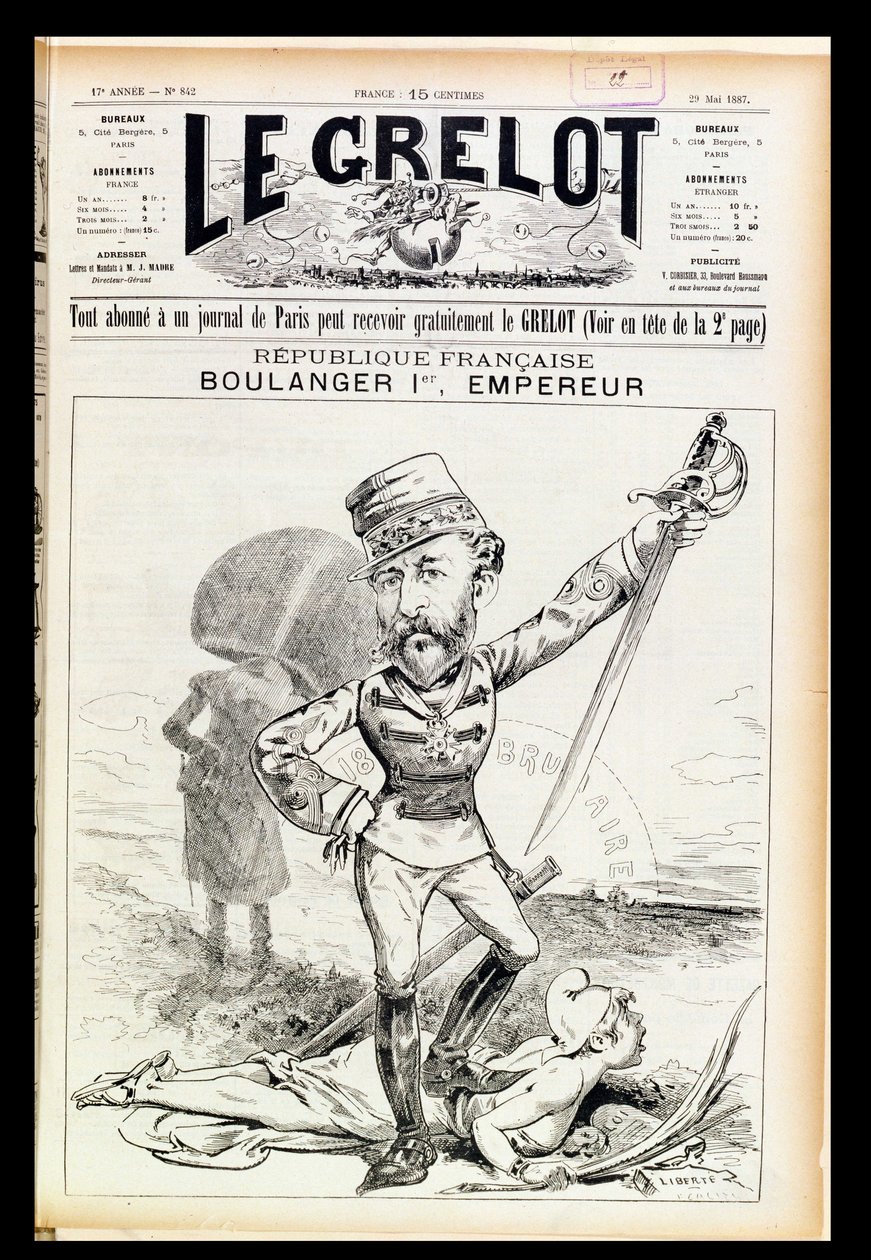 Kejsar Boulanger den första, karikatyr från framsidan av Le Grelot, 29 maj 1887 av French School