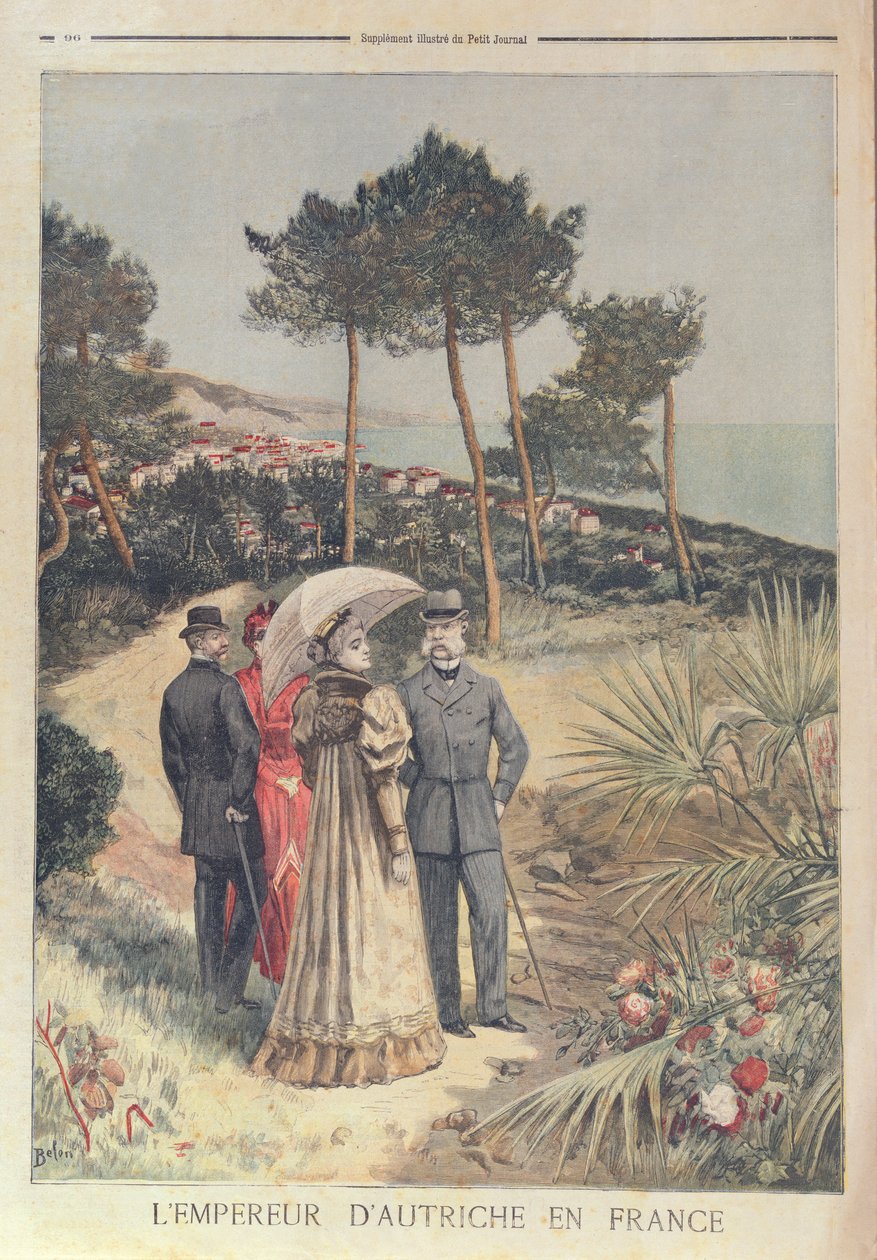 Kejsar Franz Josef av Österrike på semester på franska rivieran med sin fru, kejsarinnan Elizabeth, 1894 (färg litho0 av French School