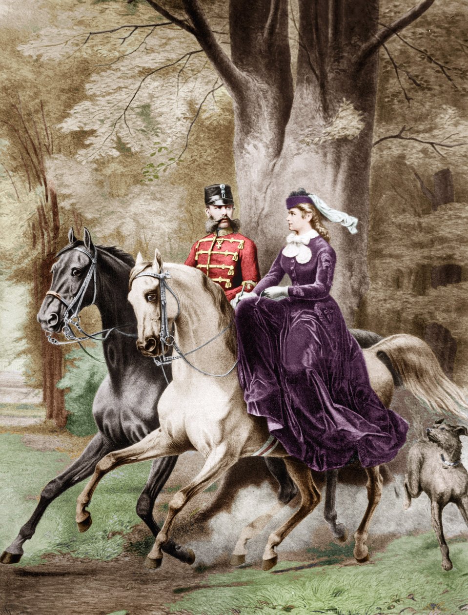 Kejsar Franz Joseph den förste och kejsarinnan Elisabeth av Österrike från Wittelsbach (1837-1898) till häst (gravyr) av French School
