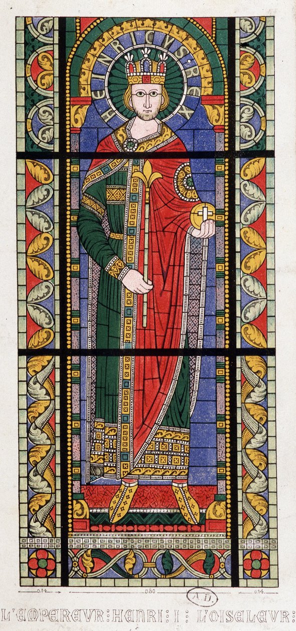 Kejsar Henrik I fågeln (875 - 936). Ett målat glasfönster från Cathedrale de Strasbourg. av French School
