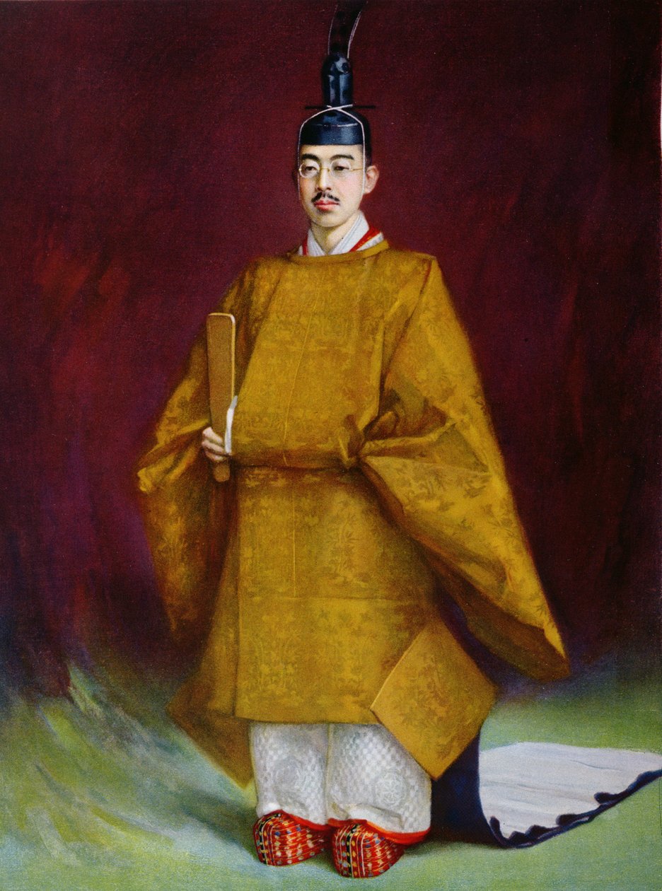 Kejsar Hirohito (1901-1989) i kröningsdräkt, 1928 av French School