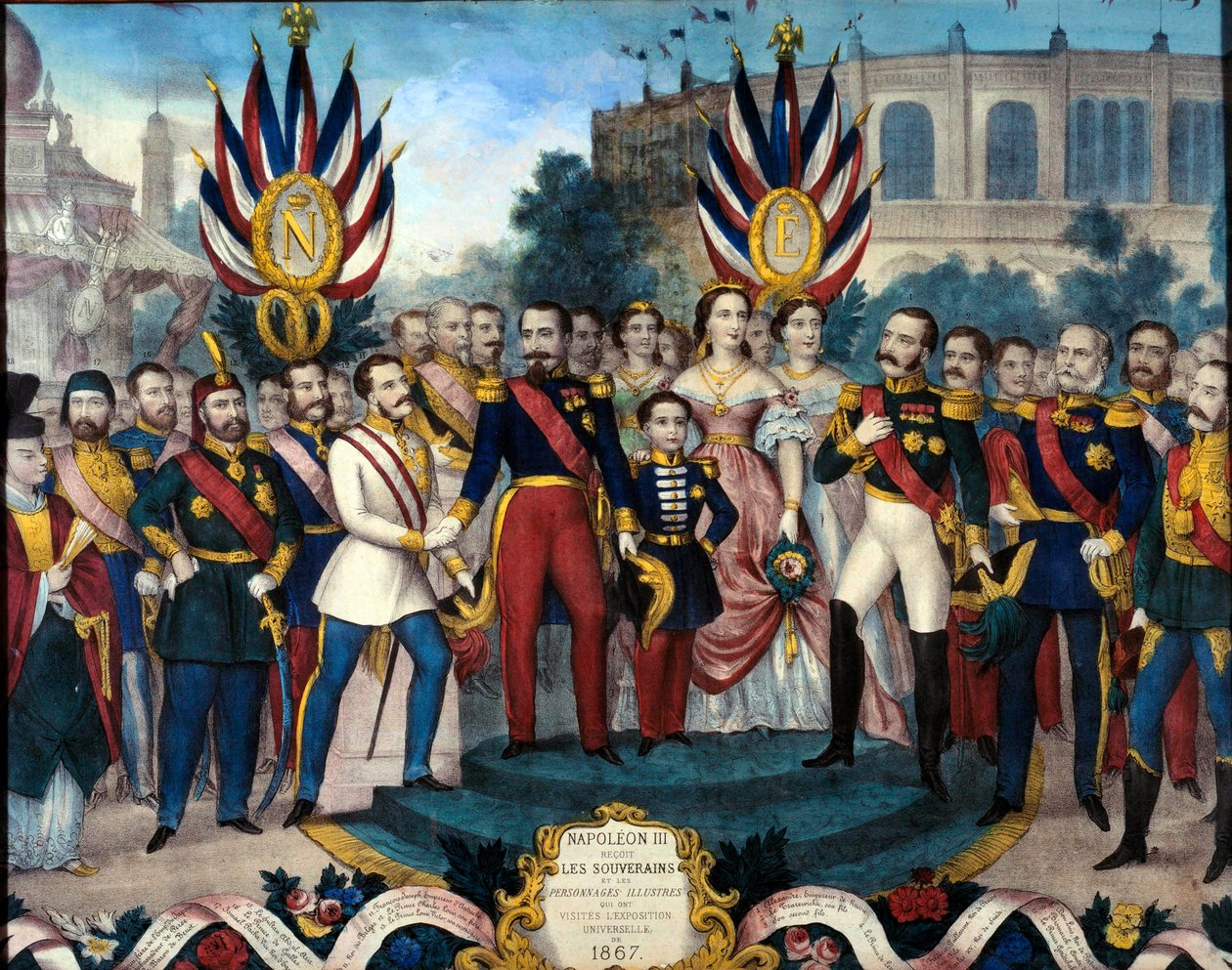 Kejsar Napoleon III (1808-1873) mottog utländska suveräner vid 1867 års universella utställningsgravyr på 1800-talet. Compiegne slottsmuseum av French School