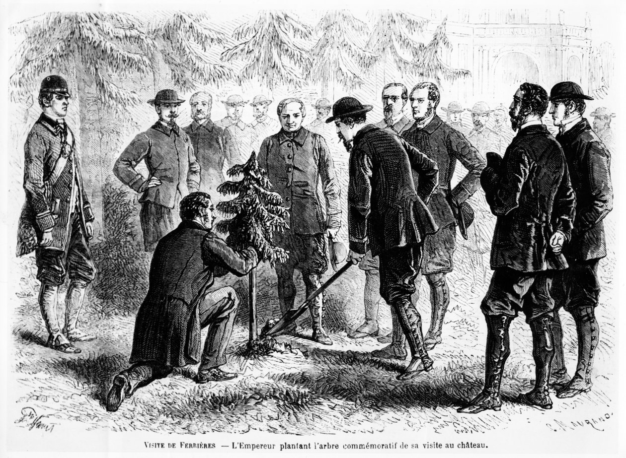 Kejsar Napoleon III planterar ett träd i Ferrières, baron James de Rothschilds hem, för att fira hans besök, från Le Monde Illustré, 2 november, 1862 av French School