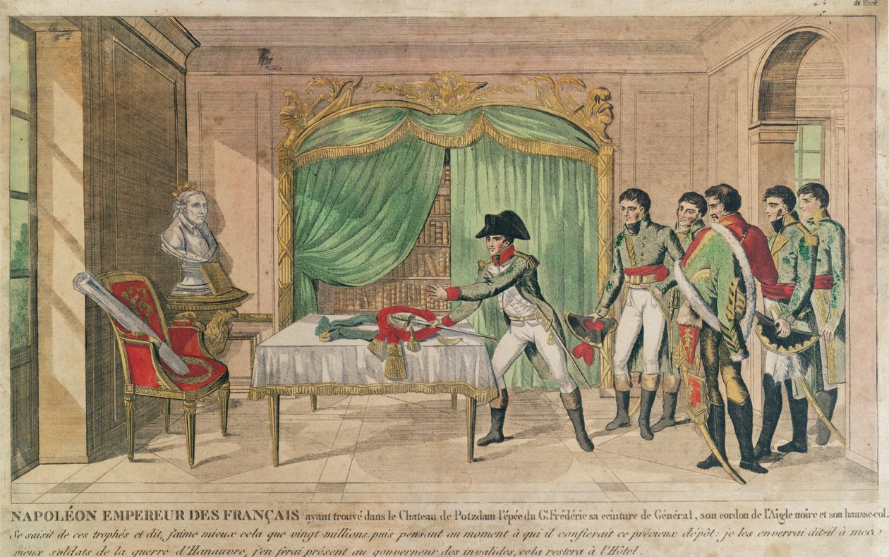Kejsar Napoleon I överväger Fredrik den Stores svärd i Potsdam 1806 (färgstick) av French School