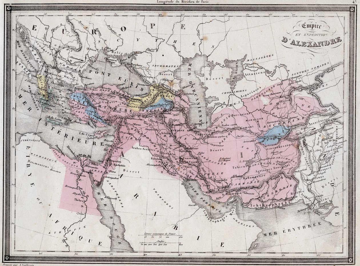 Imperium och expedition av Alexander den store - Plåt från "Universal Atlas of Ancient and Modern Geography for the Use of Residential Schools" av Vuillemin - ca. 1845 av French School