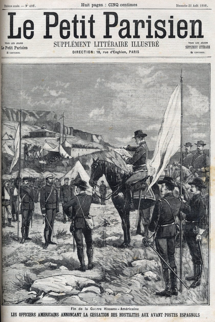 Slutet på det spansk-amerikanska kriget (American Hispano) 1898. Amerikanska officerare tillkännager upphörande av fientligheterna vid de spanska utposterna. Gravyr i "" Le petit parisien"" från 1898. av French School