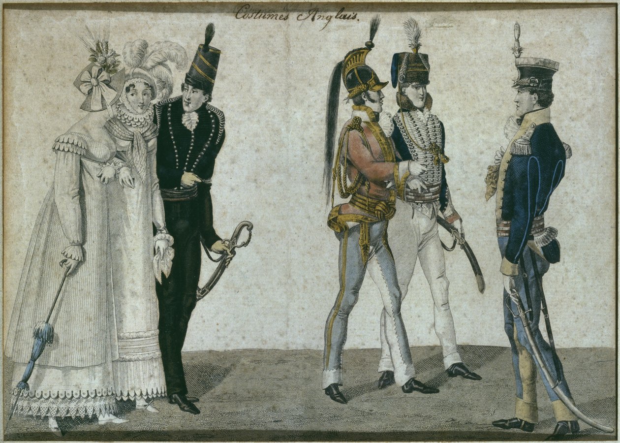 Engelska dräkter, illustration från Le Bon Genre, tidigt 1800-tal (färgstick) av French School