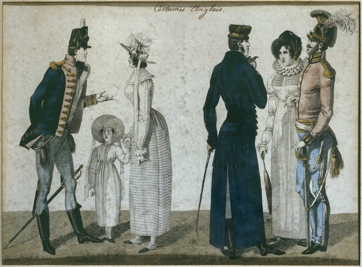 Engelska dräkter, illustration från Le Bon Genre, tidigt 1800-tal (färgstick) av French School