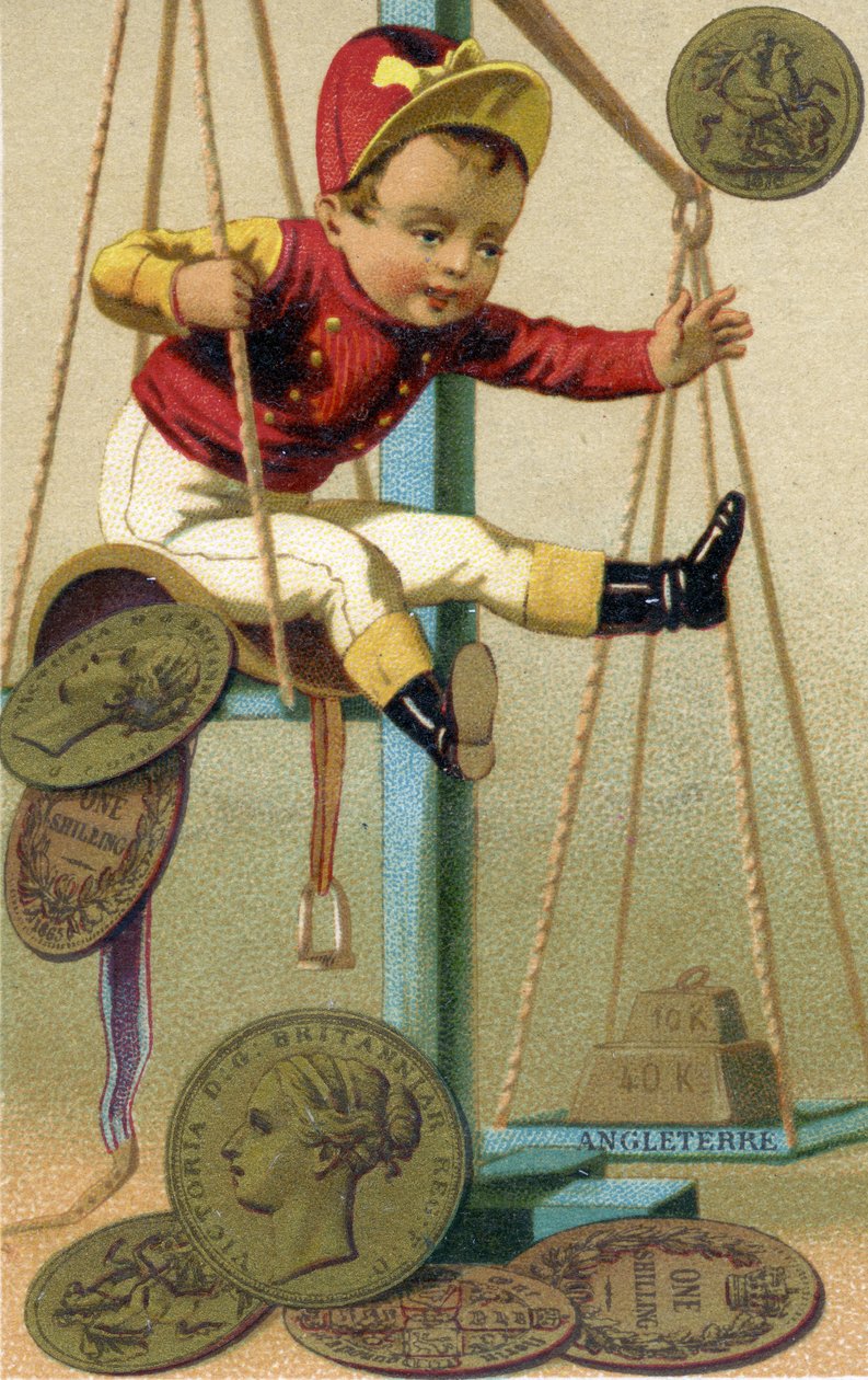 Engelsk jockey vägs in med sin sadel och brittiska mynt, från en serie reklamkort på valutor i olika länder, publicerade i Paris av Baster & Vieillemard för användning av av French School