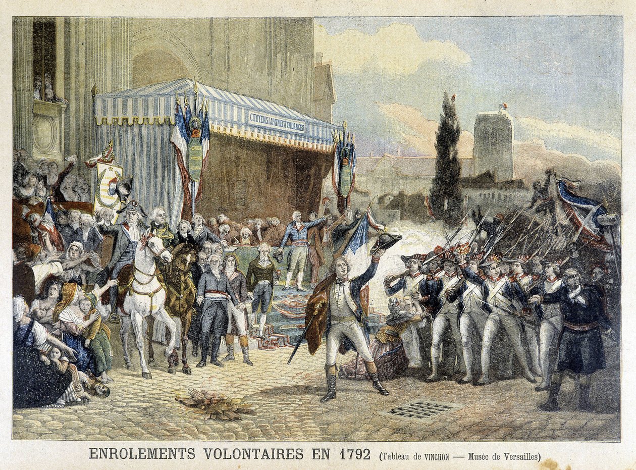 Inskrivning av frivilliga 1792 (färgad gravyr) av French School