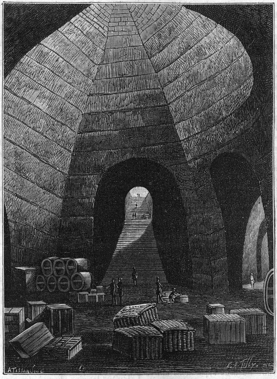 Går in i källare i champagnehuset Theophile Roederer som grundades i Reims 1864. av French School