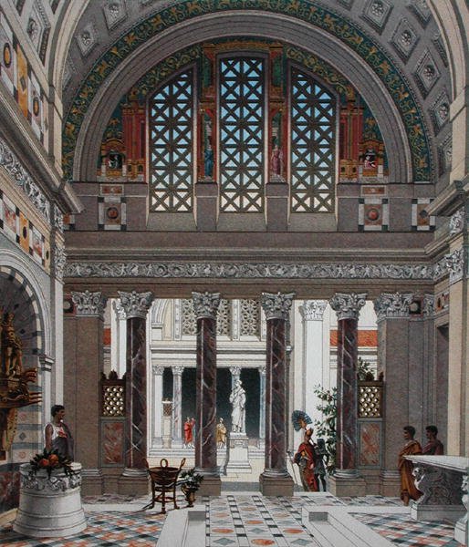 Entréhallen till ett palats i antikens Rom, ca 1880 (färg litho) av French School