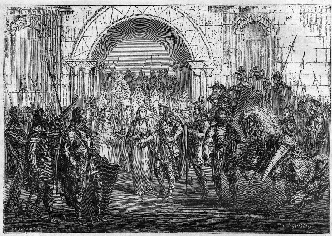 Chilperic I:s (539-584), kung av francen och Galsuinte eller Galswinthes infart till Rouen. av French School