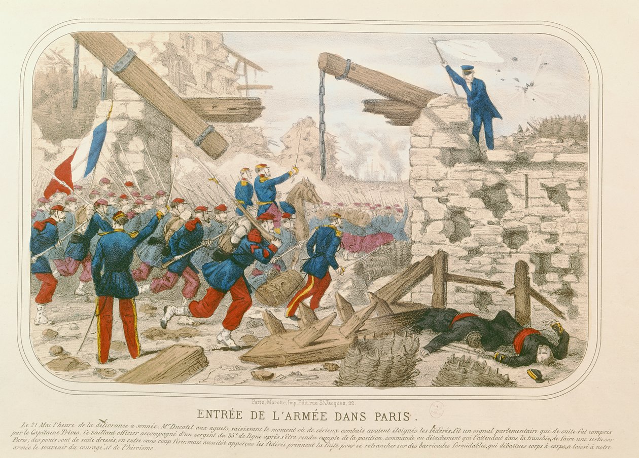 Arméns intåg i Paris, 21 maj 1871 (färgad gravyr) av French School
