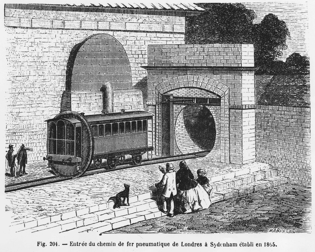 Ingången till den pneumatiska järnvägen från London till Sydenham, etablerad 1865 - i "The Wonders of Science", av L. Figuier. ¿ av French School