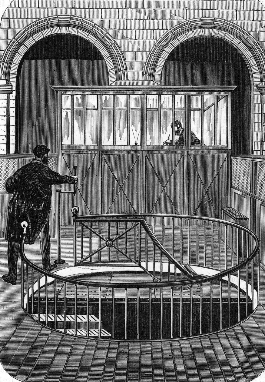 Ingången till tresorkällarna i Banque de France i Paris på 1800-talet (Basement of Bank of France i Paris) (gravyr) av French School