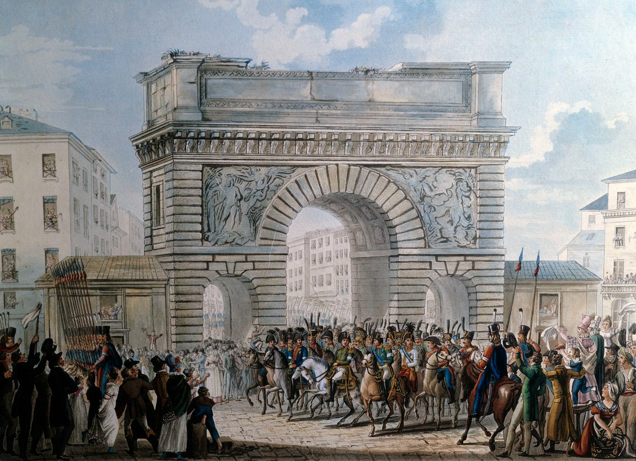 De allierades inträde i Paris av Porte Saint Martin den 31/03/1814 kung Ludvig XVIII (1755-1824) parad. Tryck från 1814. Paris, Musee Carnavalet av French School
