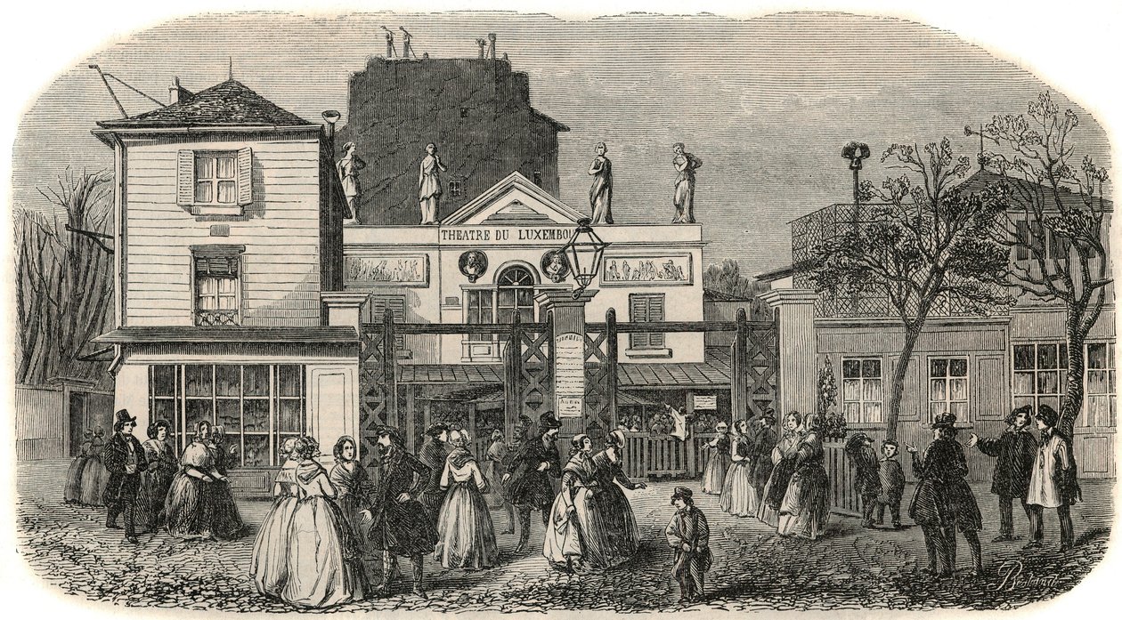 Ingången till Luxemburgs teater kallad Bobino på 1800-talet - Gravyr i "" Tableau-de-Paris"" av Edmond Texier 1852 av French School
