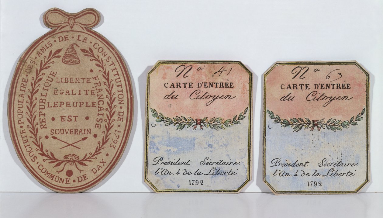 Inträdeskort för Konstitutionens vänners sällskap i Dax, 1792 och 1793 (tryckt papper) av French School