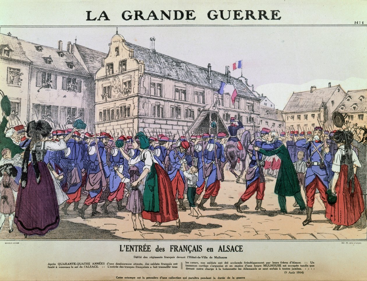 Franska arméns intåg i Mulhouse, Alsace, 9 augusti 1914 (färg litho) av French School