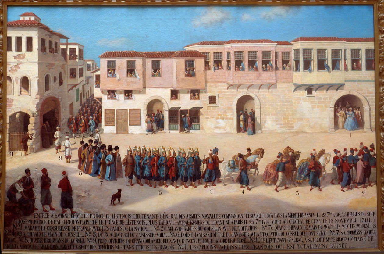 Inträde till Smyrne av amiral Joseph de Bauffremont (1714-1781), Prince of Listenois 28/09/1766 Målning av den franska skolan. 1800-talets Paris, musee de la Marine - Amiral Joseph de Bauffremonts (1714-1781), prins av Listenois inträde i Smyrna av French School