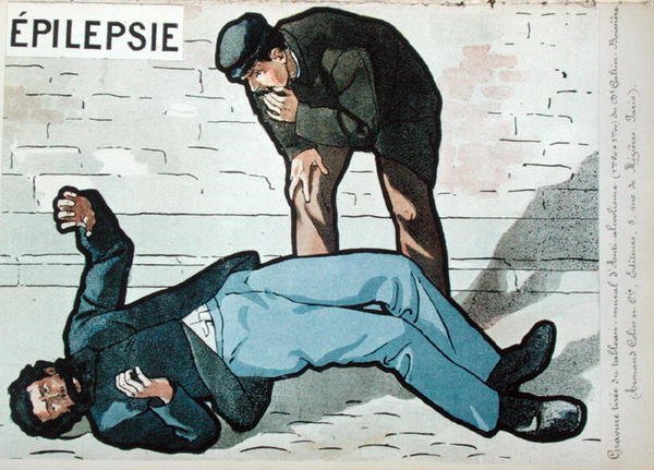 "Epileptisk attack orsakad av akut alkoholism", från Dr Galtier-Boissiere väggbild om farorna med alkoholism, sent 1800-tal. (färg litho) av French School